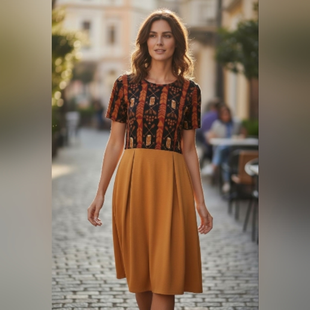 LuLaRoe Black and Brown Geometric Midi Dress - Picture 7 of 11
